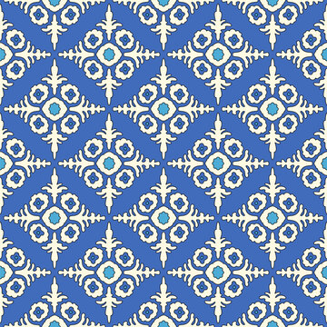 Seamless Middle Asian kazakh pattern in lapis blue and turquoise oriental style. Arabesque islamic floral decorative ornament for custom design and print. © NATALYA