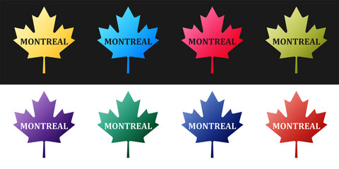 Set Canadian maple leaf with city name Montreal icon isolated on black and white background. Vector.
