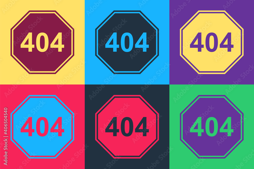 Poster pop art page with a 404 error icon isolated on color background. template reports that the page is n