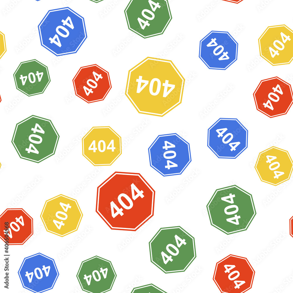 Poster color page with a 404 error icon isolated seamless pattern on white background. template reports tha