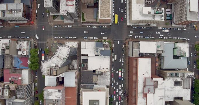 Top view of JHB city streets and building, still shot, moving cars