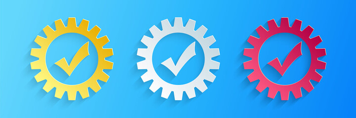 Paper cut Gear with check mark icon isolated on blue background. Cogwheel simple icon. Approved service sign. Transmission Rotation Mechanism symbol. Paper art style. Vector.