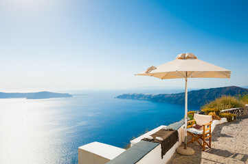 Fototapeta na wymiar Beautiful view of Santorini island, Greece. Summer landscape, sea view. Travel destinations concept