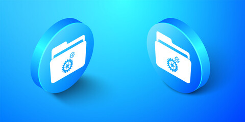 Isometric Folder settings with gears icon isolated on blue background. Concept of software update, transfer protocol, router, teamwork tool management. Blue circle button. Vector.