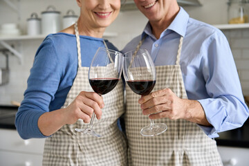 Happy senior older couple husband and wife wearing aprons holding clinking glasses in hands, drinking red wine, toasting, standing in kitchen together. Wineglasses glassware concept, close up view.