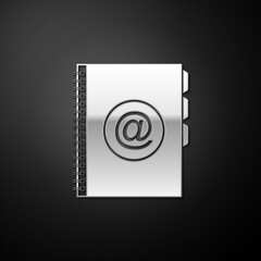 Silver Address book icon isolated on black background. Notebook, address, contact, directory, phone, telephone book icon. Long shadow style. Vector.
