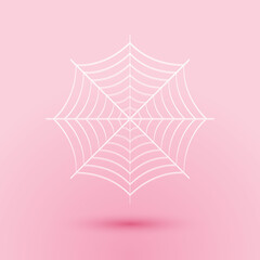 Paper cut Spider web icon isolated on pink background. Cobweb sign. Paper art style. Vector.