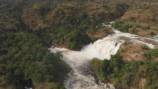 Aerial drone shot of Murchison Falls National Park. Big falls in the middle of an african jungle. Uganda.