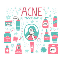 Acne skin concept. Skincare and dermatology elements set such as retinoids, cleanser, omega-3, toner, serum. Teen girl is sad about her acne skin with breakouts and pimples. Vector illustration in a