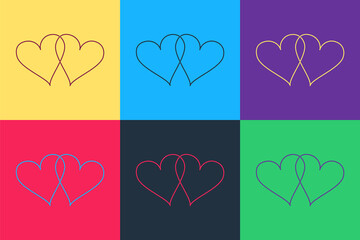Pop art Two Linked Hearts icon isolated on color background. Heart two love. Romantic symbol linked, join, passion and wedding. Valentine day symbol. Vector.