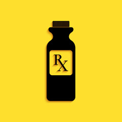 Black Pill bottle with Rx sign and pills icon isolated on yellow background. Pharmacy design. Rx as a prescription symbol on drug medicine bottle. Long shadow style. Vector.