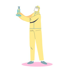 Doctor scientists hold test tube. Male researcher in uniform developing coronavirus treatment