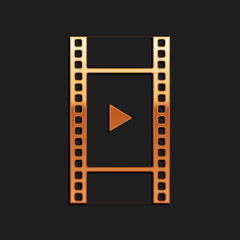 Gold Play Video icon isolated on black background. Film strip with play sign. Long shadow style. Vector.