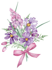 Watercolor spring bouquet with purple and pink flowers decorated with a striped pink bow. Hand-drawn illustration.