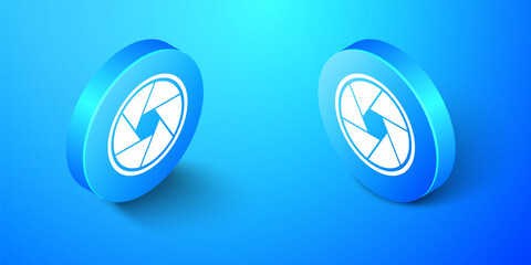 Isometric Camera shutter icon isolated on blue background. Blue circle button. Vector.