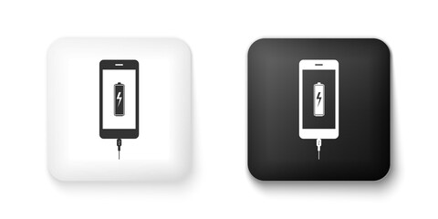Black and white Smartphone battery charge icon isolated on white background. Phone with a low battery charge and with USB connection. Square button. Vector.