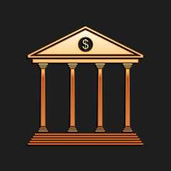 Gold Bank building icon isolated on black background. Long shadow style. Vector.