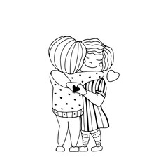 Romance banner couple hugs. Love hands heart. Vector cartoon postcard.