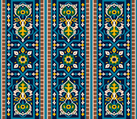 Seamless Arabian or Middle Asian and islamic vector architectural decorative pattern. Damask ornate boho style vintage ornament in deep blue, cyan and gold colors for custom print and design.