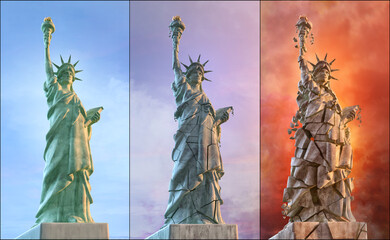 The Statue of Liberty, stages of destruction. Symbol of US problems: USA democracy crisis, United States of America presidential election protests, coronavirus pandemic, economy conflicts 3D image set © Corona Borealis