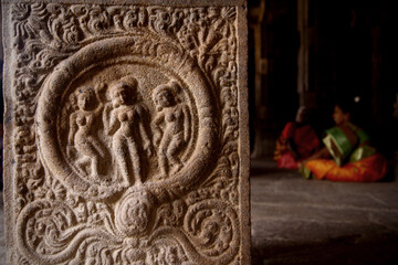 Stone carvings in Hindu temple, Thanjavur, Tamil Nadu, India