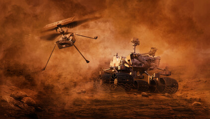 Mars rover and helicopter drone exploring surface of Mars. Image of automated robotic space autonomous vehicle on the red Mars planet. Universe, space exploration, astronomy science concept. 3D render © Corona Borealis