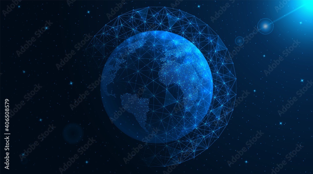 Wall mural network map of the world. digital computer network. high-speed data transfer. polygonal construction
