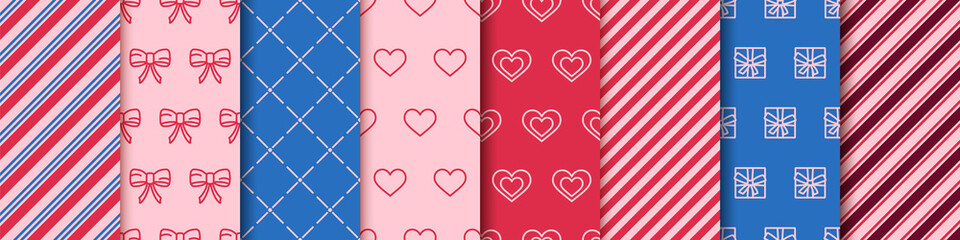 Valentine's day wrapping paper design templates. Eight seamless patterns collection. Set of patterns with hearts, envelopes, gift boxes, polka dot and abstract ornament. Festive wrapping paper.