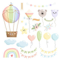 Rainbow vector set of hot air balloon, stars, garland, ribbon without text, clouds, balloons, kite, bear, rainbow, drops, paper flags, and flower compositions on white background. Kids illustration. 