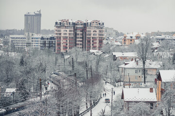 TRUSKAVETS, UKRAINE - JANUARY 15, 2021: View from hill, Truskavets, Ukraine. Winter time.