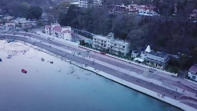 Aerial View Of Yog Niketan By Sanskriti In Rishikesh, Uttarakhand, India - drone pullback (ascending)