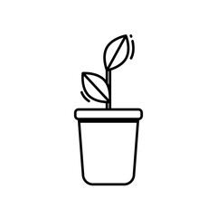 Plant with leaves in pot. Black line icon on white background. Gardening, cozy home, interior details, naturalness