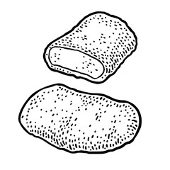 Whole and half chicken nugget. Vintage vector black engraving illustration