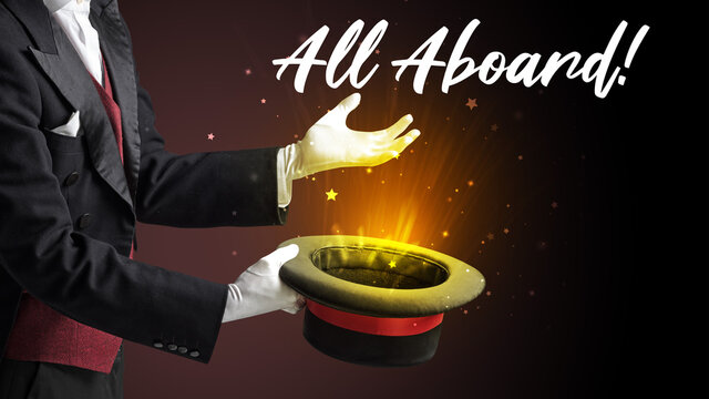 Magician is showing magic trick with All Aboard! inscription, traveling concept