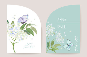 Modern minimal Art Deco wedding vector Invitation set. Boho white elderflower and butterfly card template