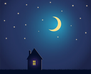 Obraz na płótnie Canvas Standing Alone House and night sky with stars and moon
