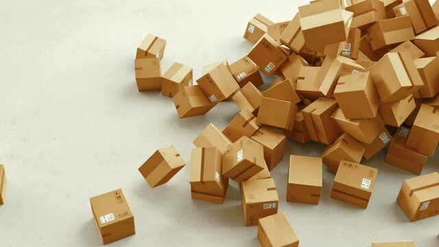 Falling and rotating cardboard boxes. Falling packages. Logistics and retail goods delivery commercial business concept. Professional slow motion 4K 3d animation.