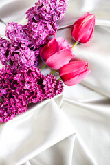 romantic composition of spring flowers. bouquet of lilac and tulips