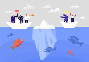 Hidden Danger Concept. Business Characters on Paper Boat Trying to Escape Attack of Huge Fish and Iceberg in Sea