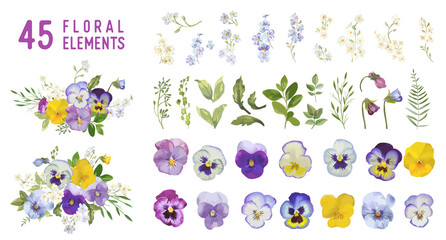 Fototapeta Vintage pansy flowers and leaves, spring violet florals in watercolor style. Vector summer garden design obraz