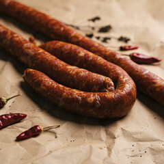 Homemade dry-cured sausage with herbs and chili on brown paper