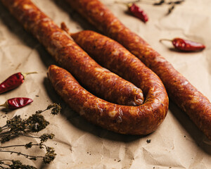 Homemade dry-cured sausage with herbs and chili on brown paper