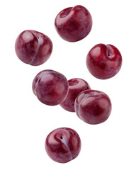 Falling plum isolated on white background, clipping path, full depth of field