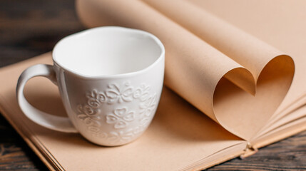 Heart made from book sheets with a cup, love and valentine concept on a wooden table