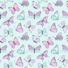 Seamless vector butterfly watercolor pattern. Vintage flying insect summer background. Colorful texture