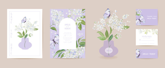 Watercolor elderberry and butterfly floral wedding card. Vector white spring flowers invitation - 406513902