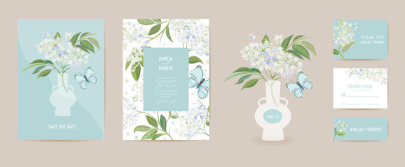 Wedding elderberry and butterfly floral Save the Date set. Vector white spring flowers boho invitation card