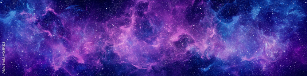 Wall mural nebula and stars in night sky web banner. space background.