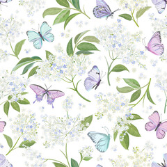 Seamless watercolor white elderberry floral background. Spring elderflower and butterflies pattern template