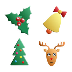 Christmas New Year symbols: pine, gift, candy, deer, bell, toy, lettering, Holly berry, snow man, cane, mitten, bauble